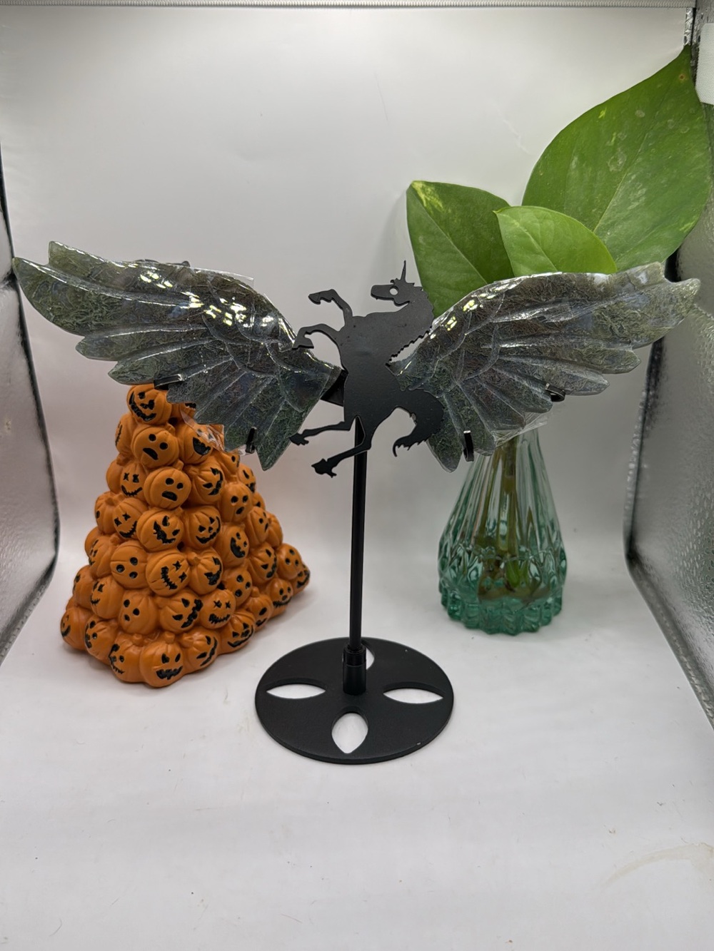 Decorative moss agate unicorn Wing Sculpture -